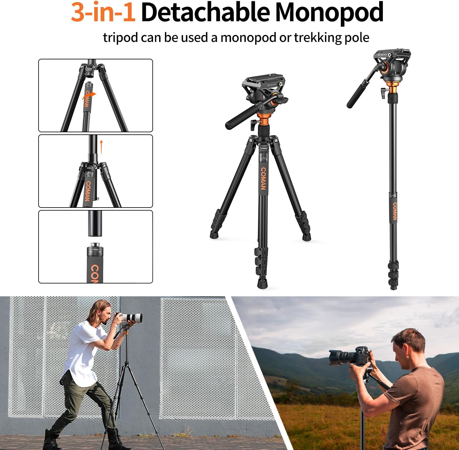 Aluminium 2-in-1 Tripod Monopod with Fluid Head, Black - Image 7