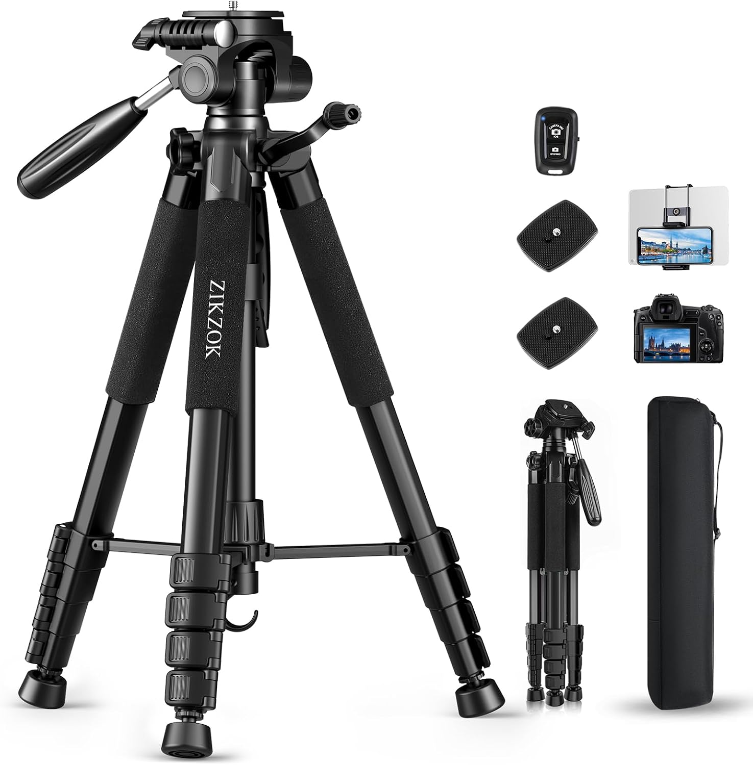 Aluminum Camera Tripod with Phone Holder and Carry Bag