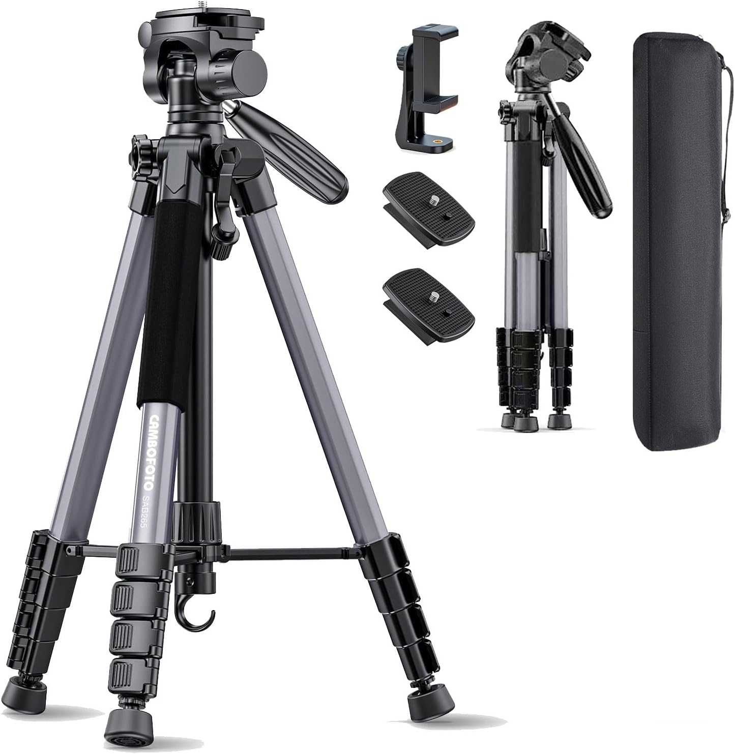 Camera and Phone Tripod, Gunmetal Grey Aluminum, with Carry Bag