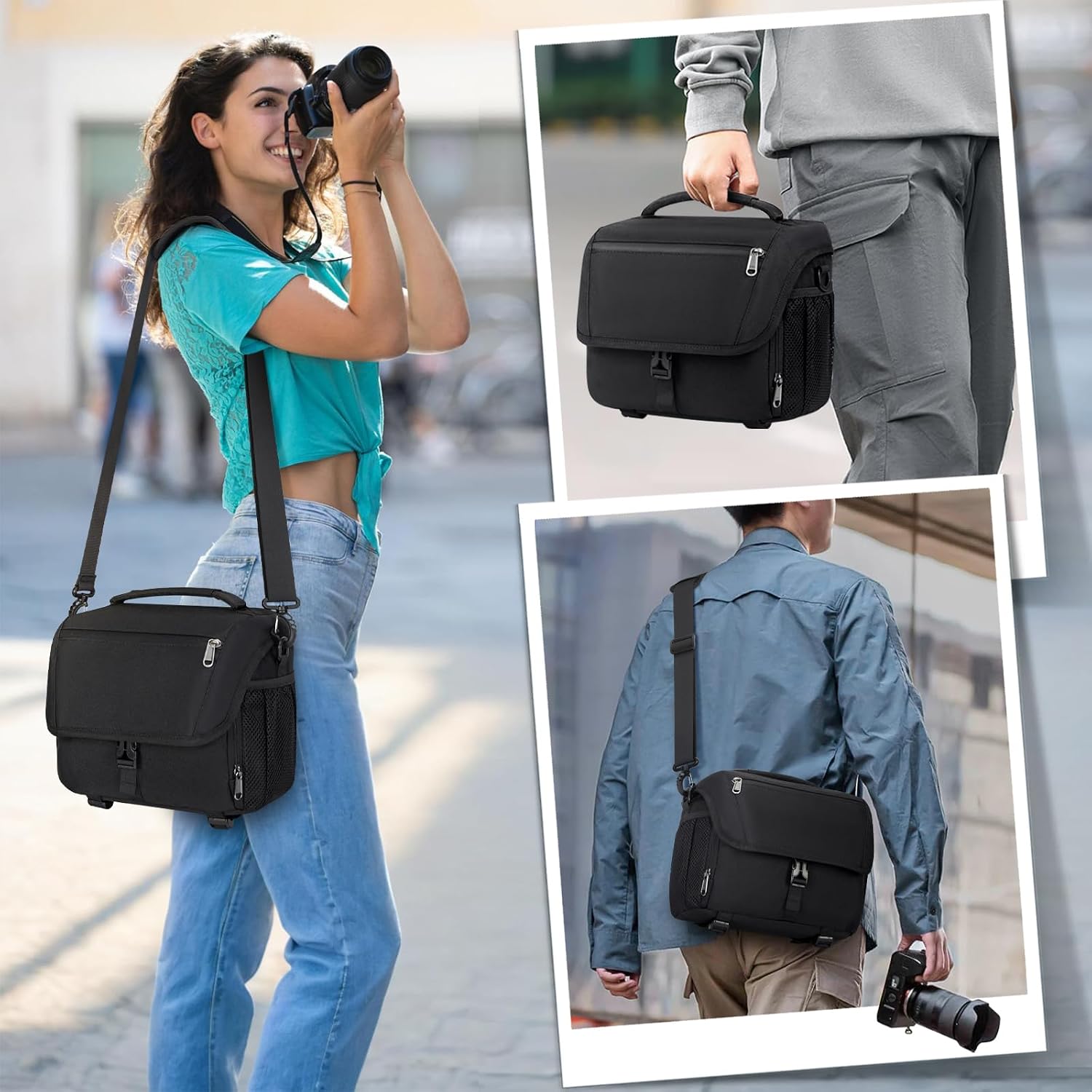 Black Camera Sling Bag with Padded Inserts and Rain Cover - Image 7