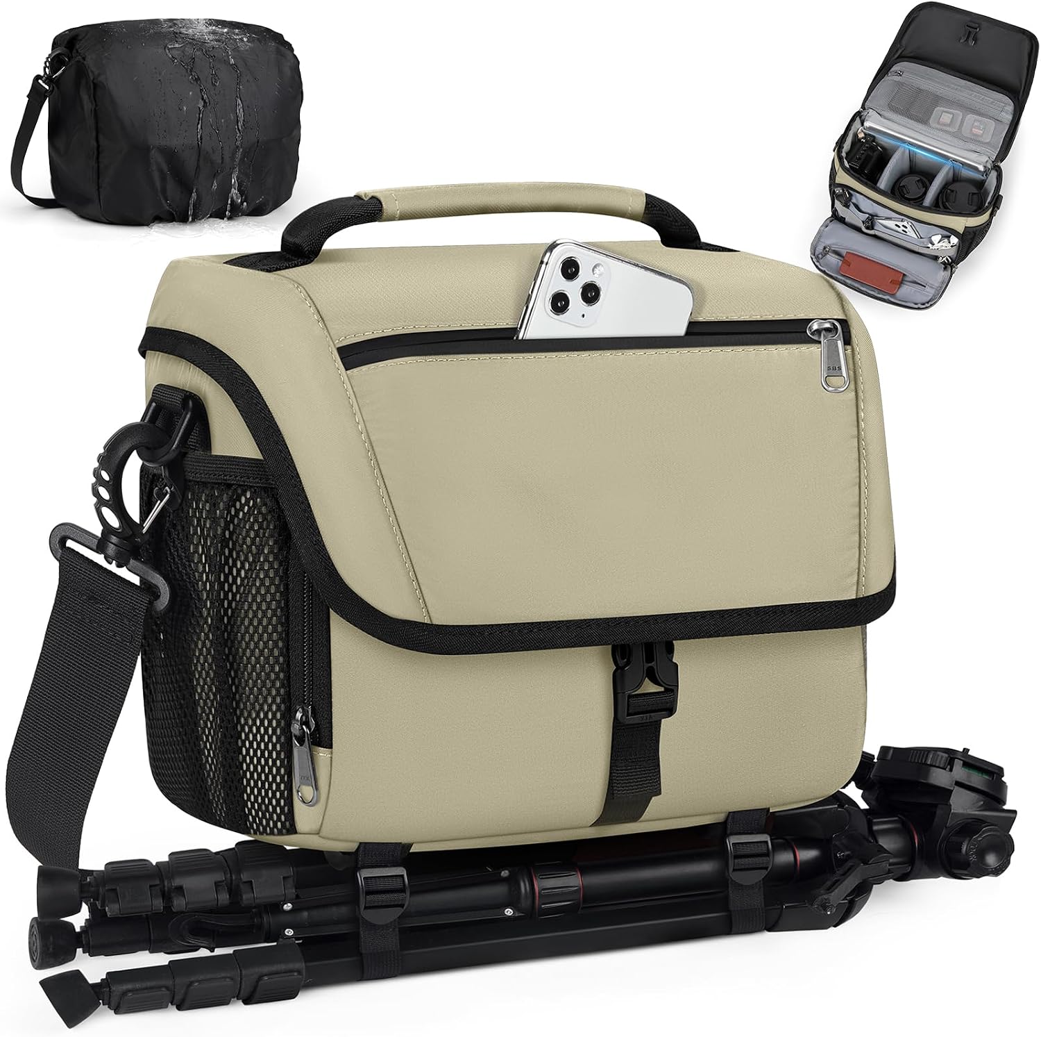 Black Camera Sling Bag with Padded Inserts and Rain Cover - Image 10