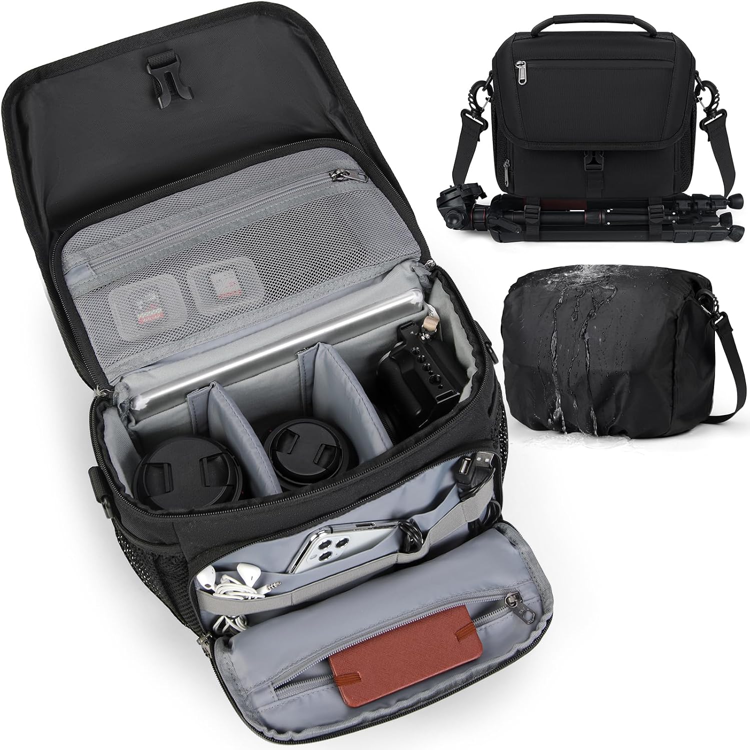 Black Camera Sling Bag with Padded Inserts and Rain Cover