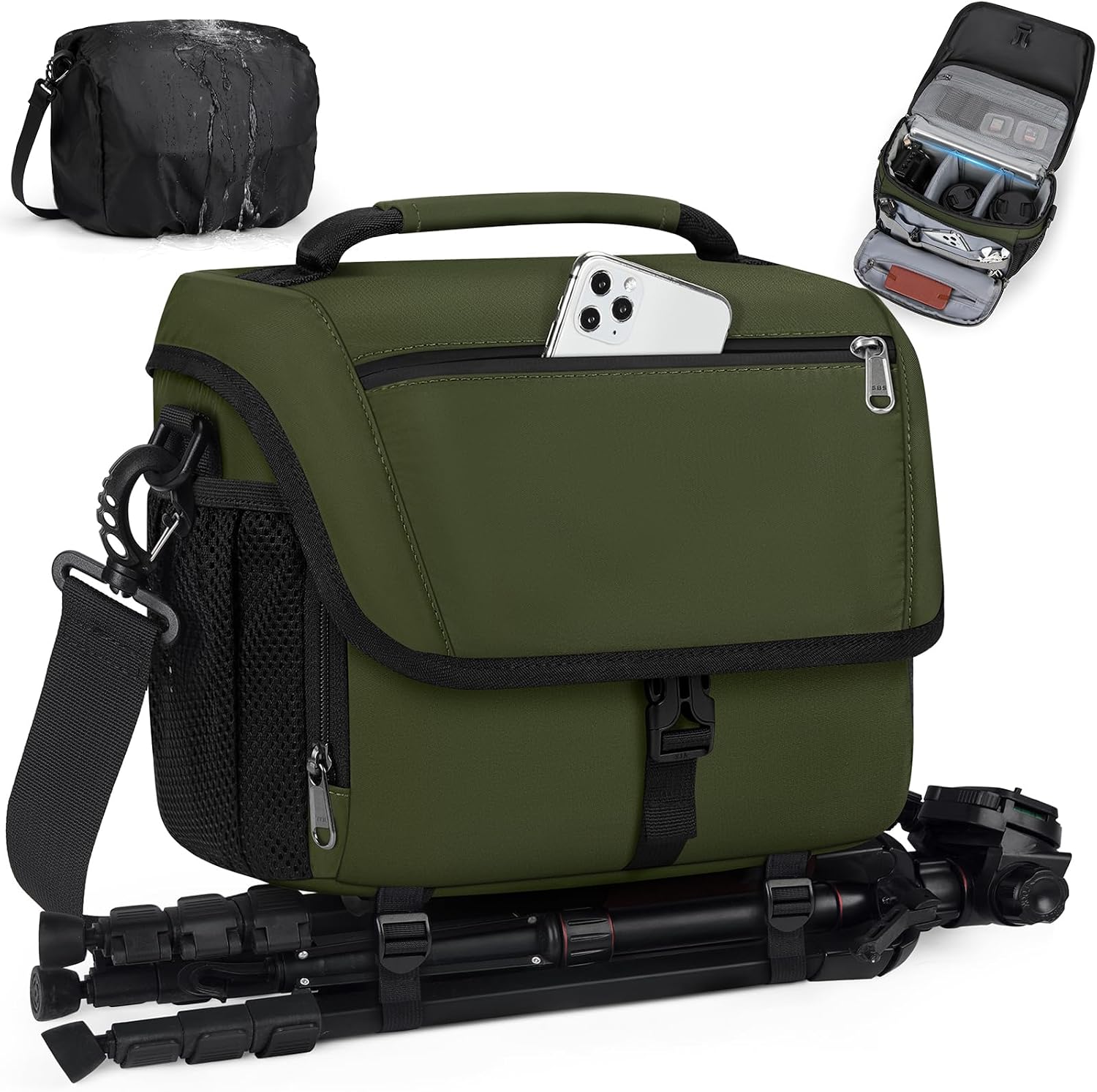 Black Camera Sling Bag with Padded Inserts and Rain Cover - Image 8