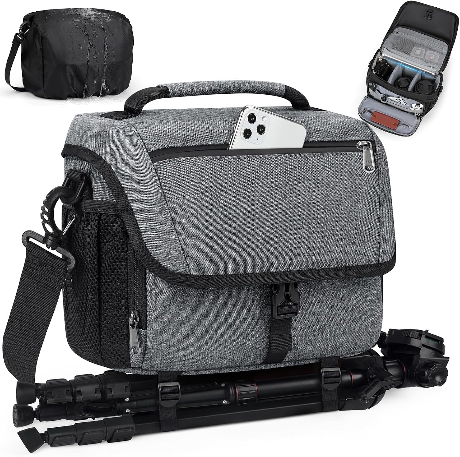 Black Camera Sling Bag with Padded Inserts and Rain Cover - Image 9